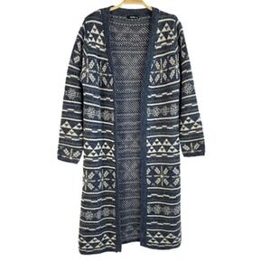 Womens Fair Isle Duster Cardigan Sweater S/M Navy Open Front Nordic Southwestern